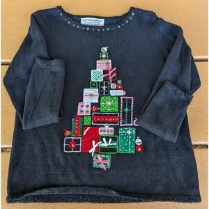 Vintage Womens Small Christmas Sweater Black Embellished Presents Tree Tiara Int